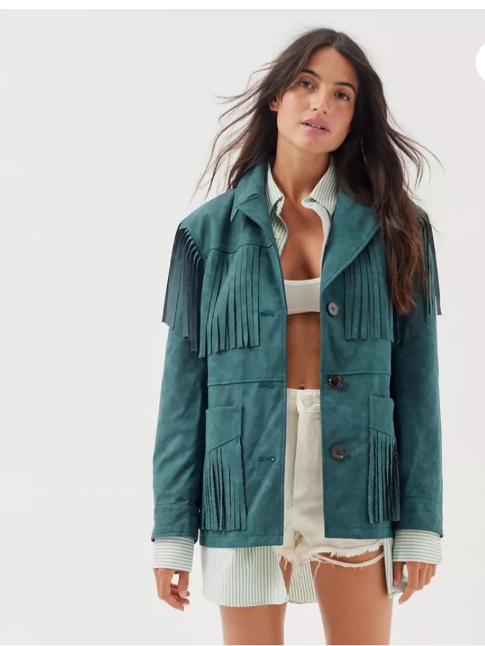 Urban Outfitters Green Faux Suede Fringe Jacket Boho Western Festival Coat Sz L